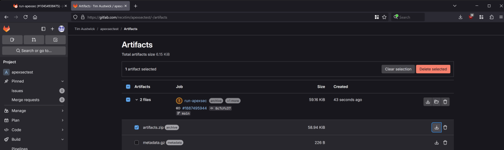 Output stored in Gitlab artifact