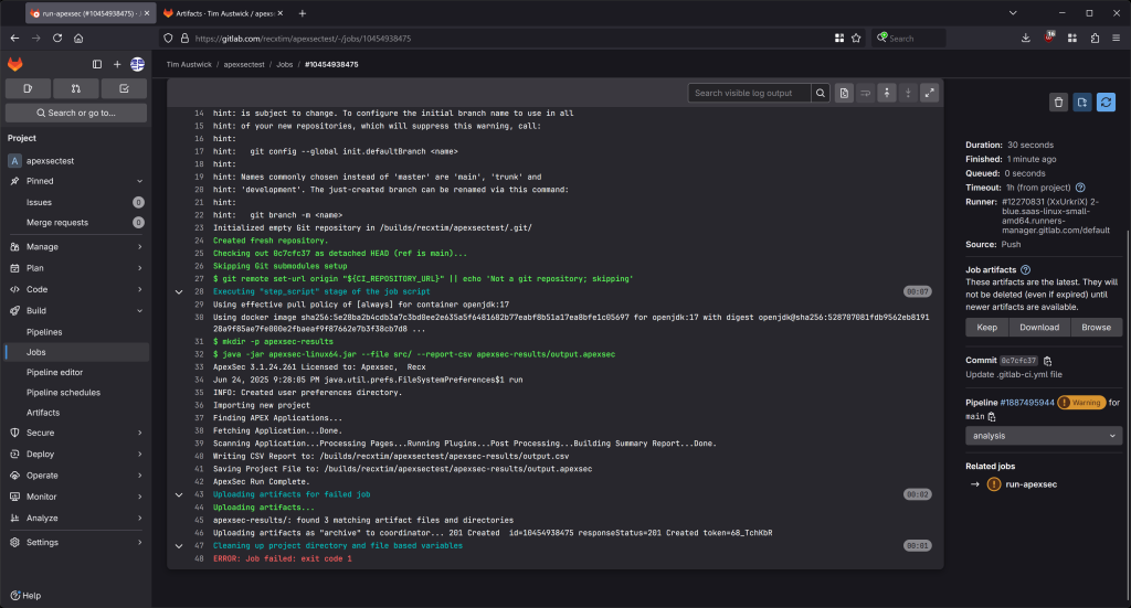 Executing the pipeline runs ApexSec and detects security risks in the APEX application