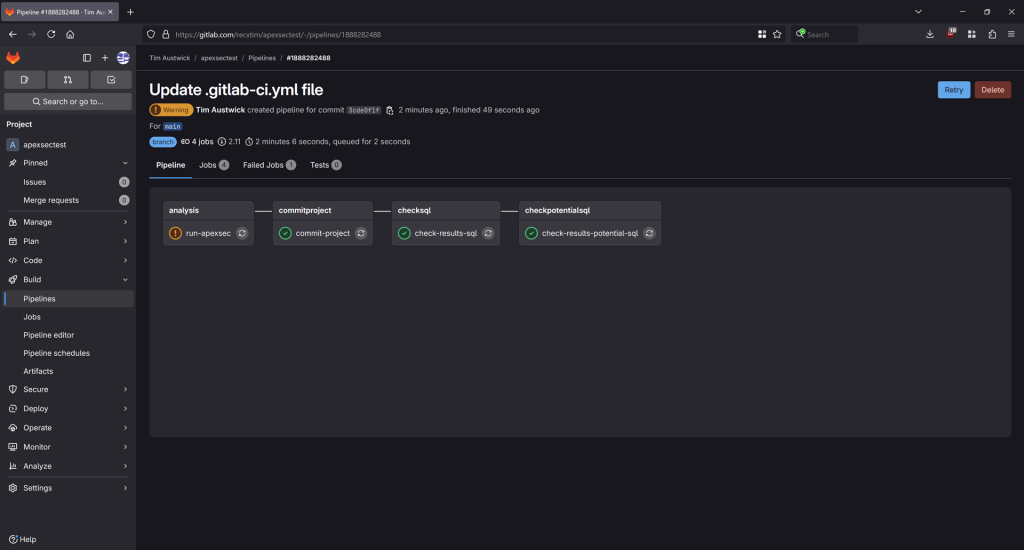 Pipeline executing with the SQL Injection tests now passing